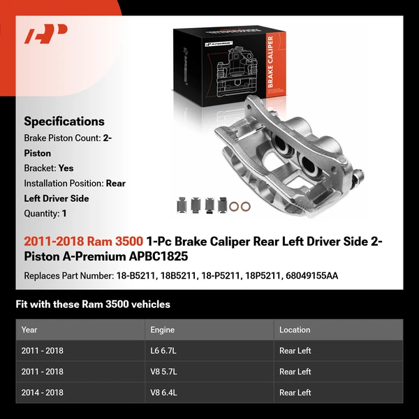 2011-2018 Ram 3500 1-Pc Brake Caliper Rear Left Driver Side 2-Piston A-Premium APBC1825