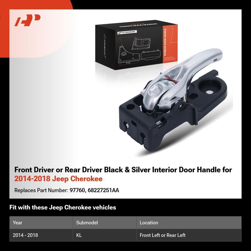 Front Driver or Rear Driver Black & Silver Interior Door Handle for 2014-2018 Jeep Cherokee