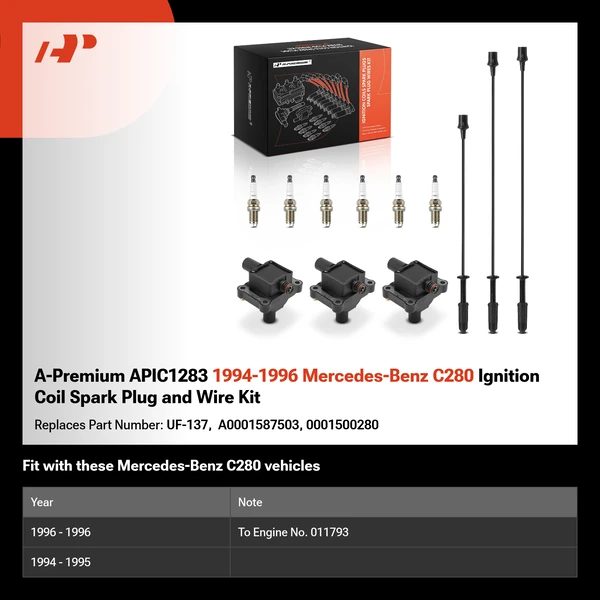 A-Premium APIC1283 1994-1996 Mercedes-Benz C280 Ignition Coil Spark Plug and Wire Kit