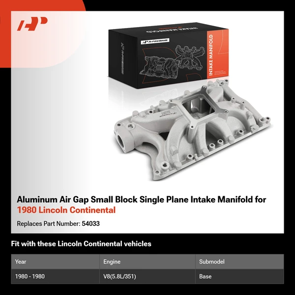 Aluminum Air Gap Small Block Single Plane Intake Manifold for 1980 Lincoln Continental