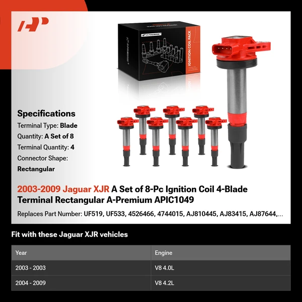 2003-2009 Jaguar XJR A Set of 8-Pc Ignition Coil 4-Blade Terminal Rectangular A-Premium APIC1049