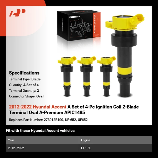 2012-2022 Hyundai Accent A Set of 4-Pc Ignition Coil 2-Blade Terminal Oval A-Premium APIC1485