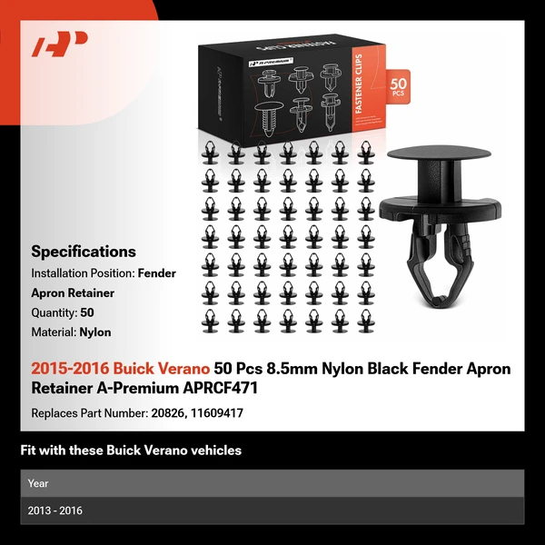 2015-2016 Buick Verano 50 Pcs 8.5mm Nylon Black Fender Apron Retainer A-Premium APRCF471