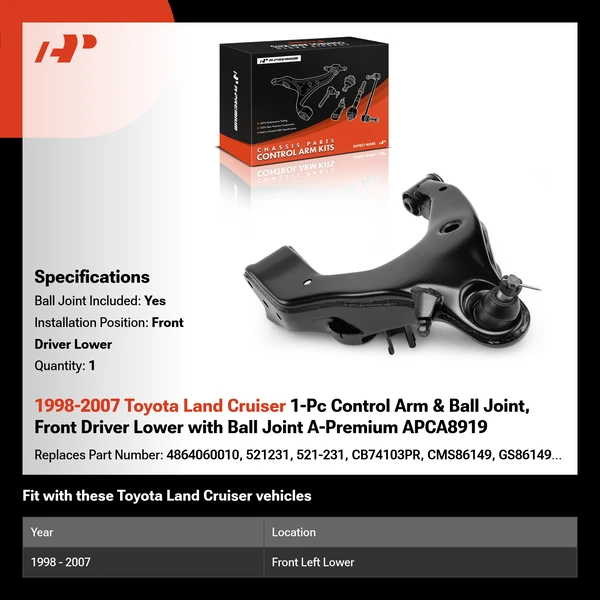 1998-2007 Toyota Land Cruiser 1-Pc Control Arm & Ball Joint, Front Driver Lower with Ball Joint A-Premium APCA8919