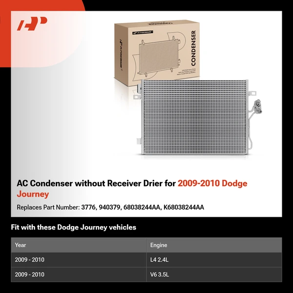 AC Condenser without Receiver Drier for 2009-2010 Dodge Journey