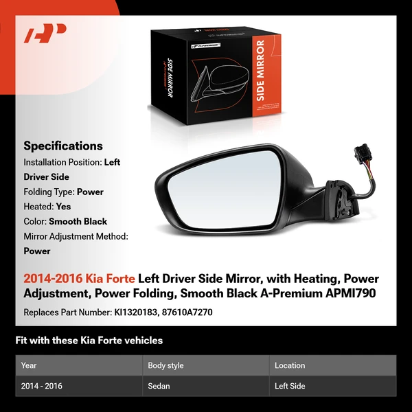 2014-2016 Kia Forte Left Driver Side Mirror, with Heating, Power Adjustment, Power Folding, Smooth Black A-Premium APMI790