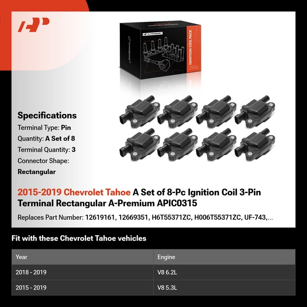 2015-2019 Chevrolet Tahoe A Set of 8-Pc Ignition Coil 3-Pin Terminal Rectangular A-Premium APIC0315