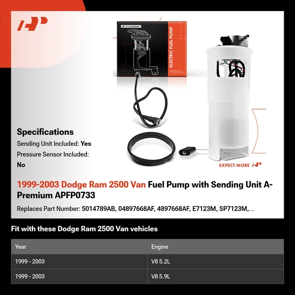 1999-2003 Dodge Ram 2500 Van Fuel Pump with Sending Unit A-Premium APFP0733