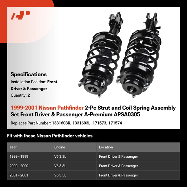 1999-2001 Nissan Pathfinder 2-Pc Strut and Coil Spring Assembly Set Front Driver & Passenger A-Premium APSA0305