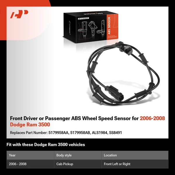 Front Driver or Passenger ABS Wheel Speed Sensor for 2006-2008 Dodge Ram 3500
