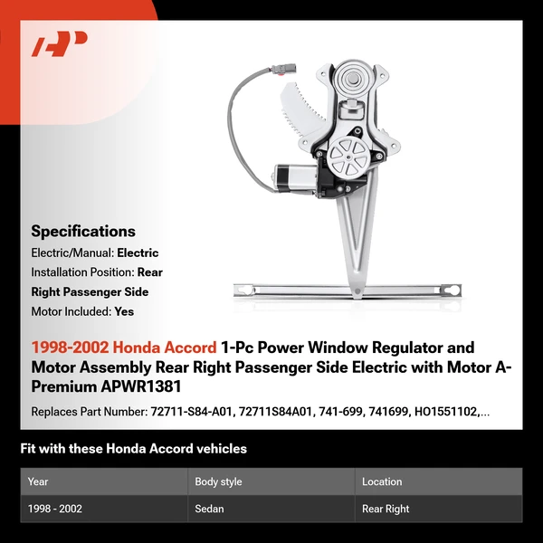 1998-2002 Honda Accord 1-Pc Power Window Regulator and Motor Assembly Rear Right Passenger Side Electric with Motor A-Premium APWR1381