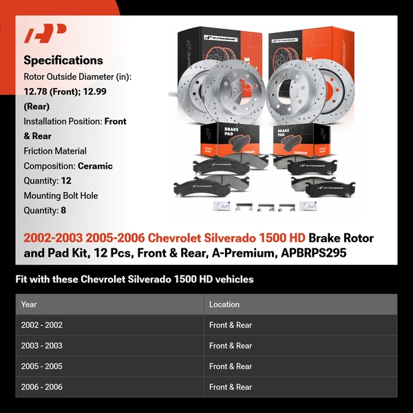 2002-2003 2005-2006 Chevrolet Silverado 1500 HD Brake Rotor and Pad Kit, 12 Pcs, Front & Rear, A-Premium, APBRPS295