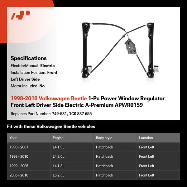 1998-2010 Volkswagen Beetle 1-Pc Power Window Regulator Front Left Driver Side Electric A-Premium APWR0159