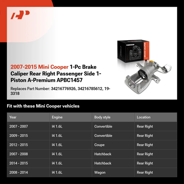 2007-2015 Mini Cooper 1-Pc Brake Caliper Rear Right Passenger Side 1-Piston A-Premium APBC1457