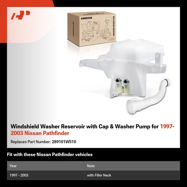 Windshield Washer Reservoir with Cap & Washer Pump for 1997-2003 Nissan Pathfinder