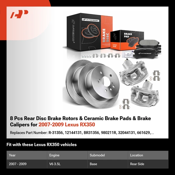 8 Pcs Rear Disc Brake Rotors & Ceramic Brake Pads & Brake Calipers for 2007-2009 Lexus RX350