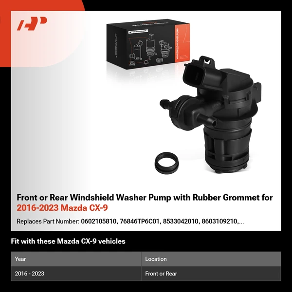Front or Rear Windshield Washer Pump with Rubber Grommet for 2016-2023 Mazda CX-9