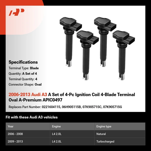 2006-2013 Audi A3 A Set of 4-Pc Ignition Coil 4-Blade Terminal Oval A-Premium APIC0497