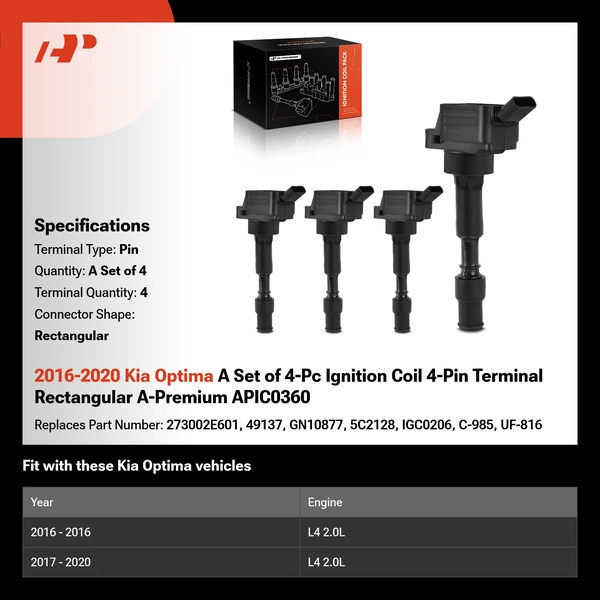 2016-2020 Kia Optima A Set of 4-Pc Ignition Coil 4-Pin Terminal Rectangular A-Premium APIC0360