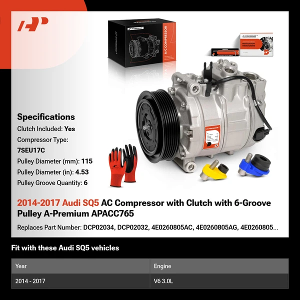 2014-2017 Audi SQ5 AC Compressor with Clutch with 6-Groove Pulley A-Premium APACC765