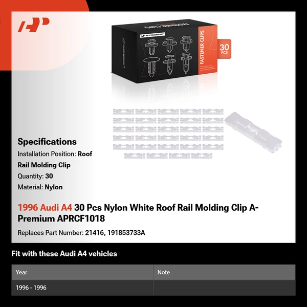 1996 Audi A4 30 Pcs Nylon White Roof Rail Molding Clip A-Premium APRCF1018