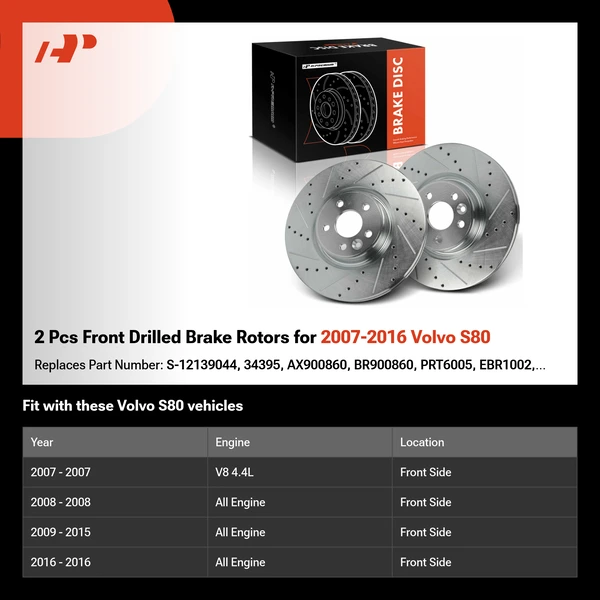 2 Pcs Front Drilled Brake Rotors for 2007-2016 Volvo S80