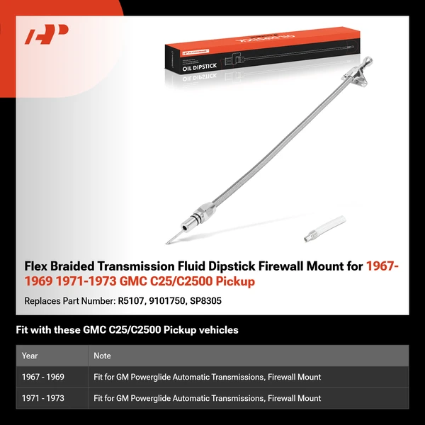 Flex Braided Transmission Fluid Dipstick Firewall Mount for 1967-1969 1971-1973 GMC C25/C2500 Pickup