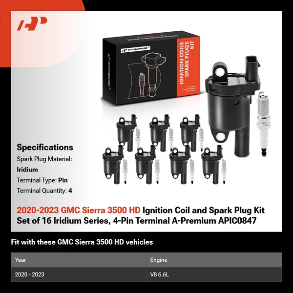 2020-2023 GMC Sierra 3500 HD Ignition Coil and Spark Plug Kit Set of 16 Iridium Series, 4-Pin Terminal A-Premium APIC0847