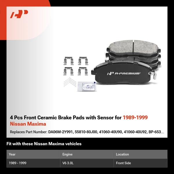 4 Pcs Front Ceramic Brake Pads with Sensor for 1989-1999 Nissan Maxima