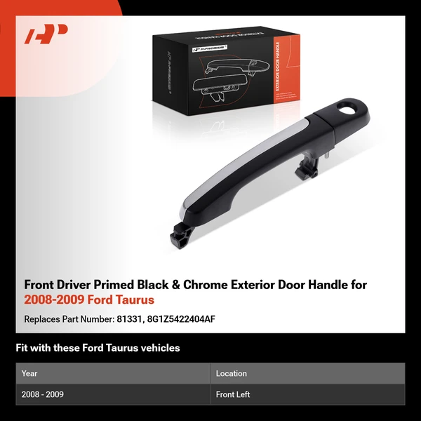 Front Driver Primed Black & Chrome Exterior Door Handle for 2008-2009 Ford Taurus