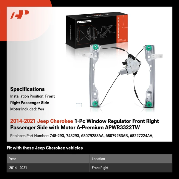 2014-2021 Jeep Cherokee 1-Pc Window Regulator Front Right Passenger Side with Motor A-Premium APWR3322TW