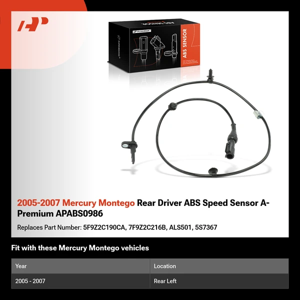2005-2007 Mercury Montego Rear Driver ABS Speed Sensor A-Premium APABS0986