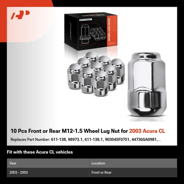 10 Pcs Front or Rear M12-1.5 Wheel Lug Nut for 2003 Acura CL