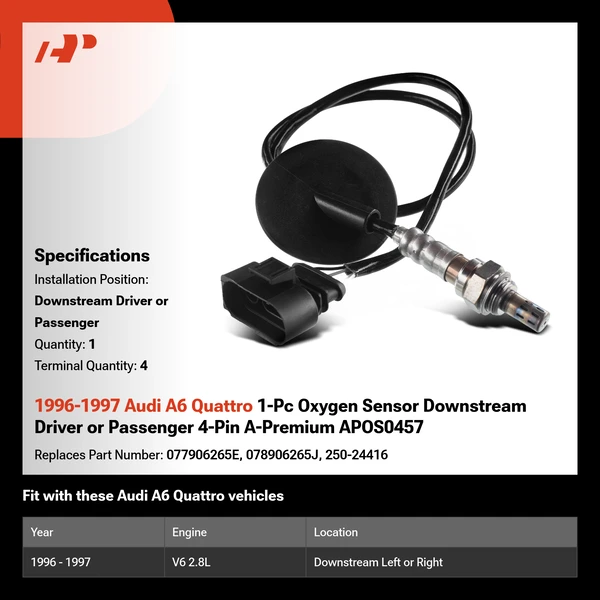 1996-1997 Audi A6 Quattro 1-Pc Oxygen Sensor Downstream Driver or Passenger 4-Pin A-Premium APOS0457