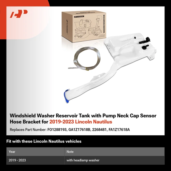 Windshield Washer Reservoir Tank with Pump Neck Cap Sensor Hose Bracket for 2019-2023 Lincoln Nautilus