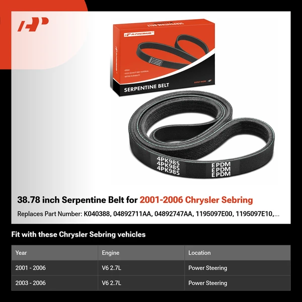 38.78 inch Serpentine Belt for 2001-2006 Chrysler Sebring