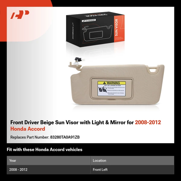 Front Driver Beige Sun Visor with Light & Mirror for 2008-2012 Honda Accord