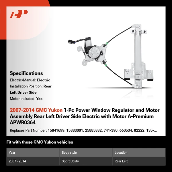 2007-2014 GMC Yukon 1-Pc Power Window Regulator and Motor Assembly Rear Left Driver Side Electric with Motor A-Premium APWR0364