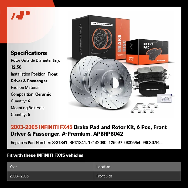2003-2005 INFINITI FX45 Brake Pad and Rotor Kit, 6 Pcs, Front Driver & Passenger, A-Premium, APBRPS042