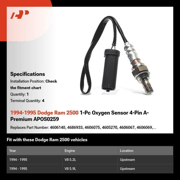 1994-1995 Dodge Ram 2500 1-Pc Oxygen Sensor 4-Pin A-Premium APOS0259