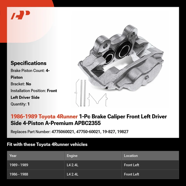 1986-1989 Toyota 4Runner 1-Pc Brake Caliper Front Left Driver Side 4-Piston A-Premium APBC2355