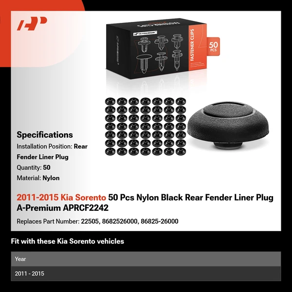2011-2015 Kia Sorento 50 Pcs Nylon Black Rear Fender Liner Plug A-Premium APRCF2242