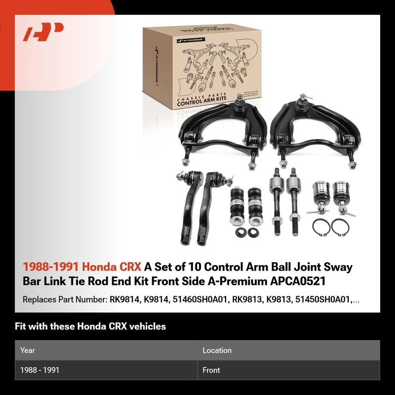 1988-1991 Honda CRX A Set of 10 Control Arm Ball Joint Sway Bar Link Tie Rod End Kit Front Side A-Premium APCA0521