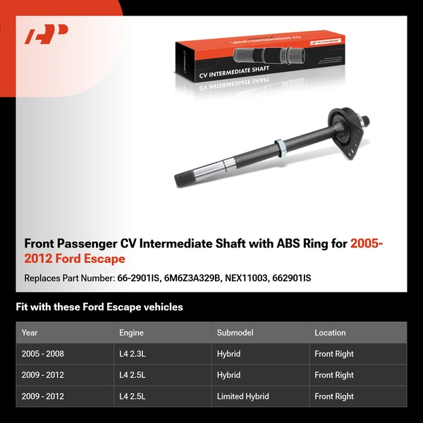 Front Passenger CV Intermediate Shaft with ABS Ring for 2005-2012 Ford Escape