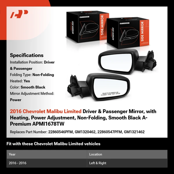 2016 Chevrolet Malibu Limited Driver & Passenger Mirror, with Heating, Power Adjustment, Non-Folding, Smooth Black A-Premium APMI1678TW