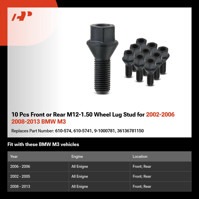 10 Pcs Front or Rear M12-1.50 Wheel Lug Stud for 2002-2006 2008-2013 BMW M3