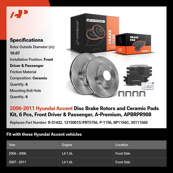 2006-2011 Hyundai Accent Disc Brake Rotors and Ceramic Pads Kit, 6 Pcs, Front Driver & Passenger, A-Premium, APBRPR908