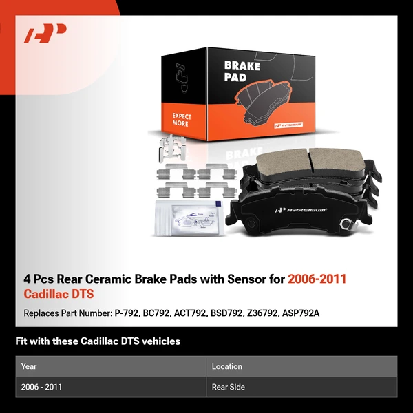 4 Pcs Rear Ceramic Brake Pads with Sensor for 2006-2011 Cadillac DTS