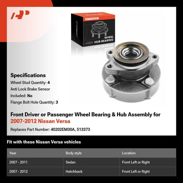 Front Driver or Passenger Wheel Bearing & Hub Assembly for 2007-2012 Nissan Versa