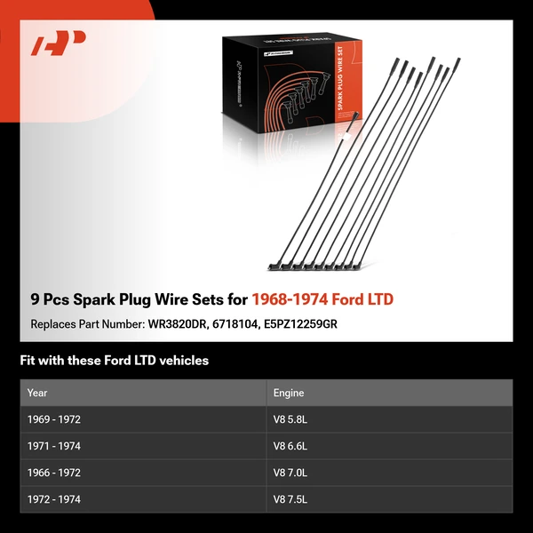 9 Pcs Spark Plug Wire Sets for 1968-1974 Ford LTD